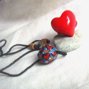 Funky Hearts Bead Necklace & Red Plastic Heart Ring